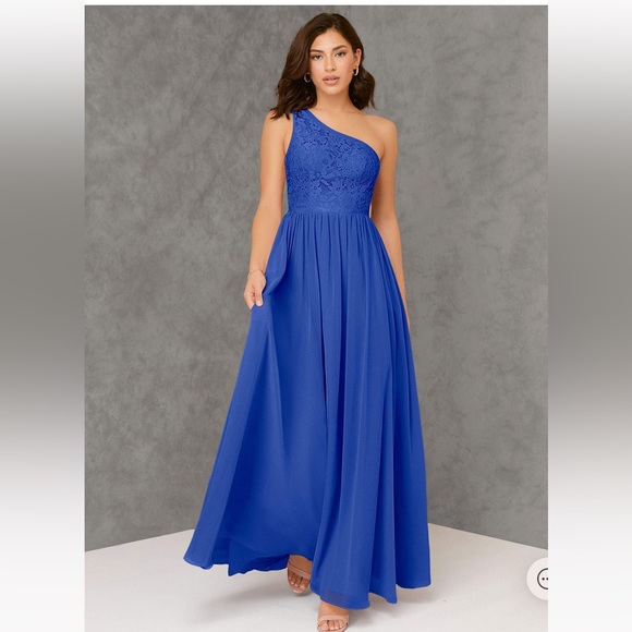 A-Line Lace Chiffon Floor Length Dress in Royal Blue - Picture 1 of 5